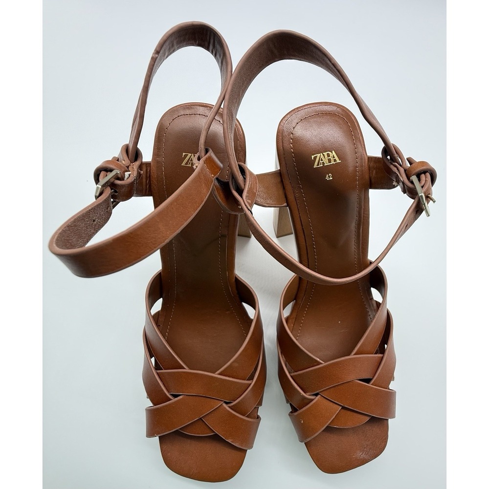 Zara Leather Platform retro chunky Strappy Wooden‎ Heeled Sandals Size 10 - Picture 3 of 15